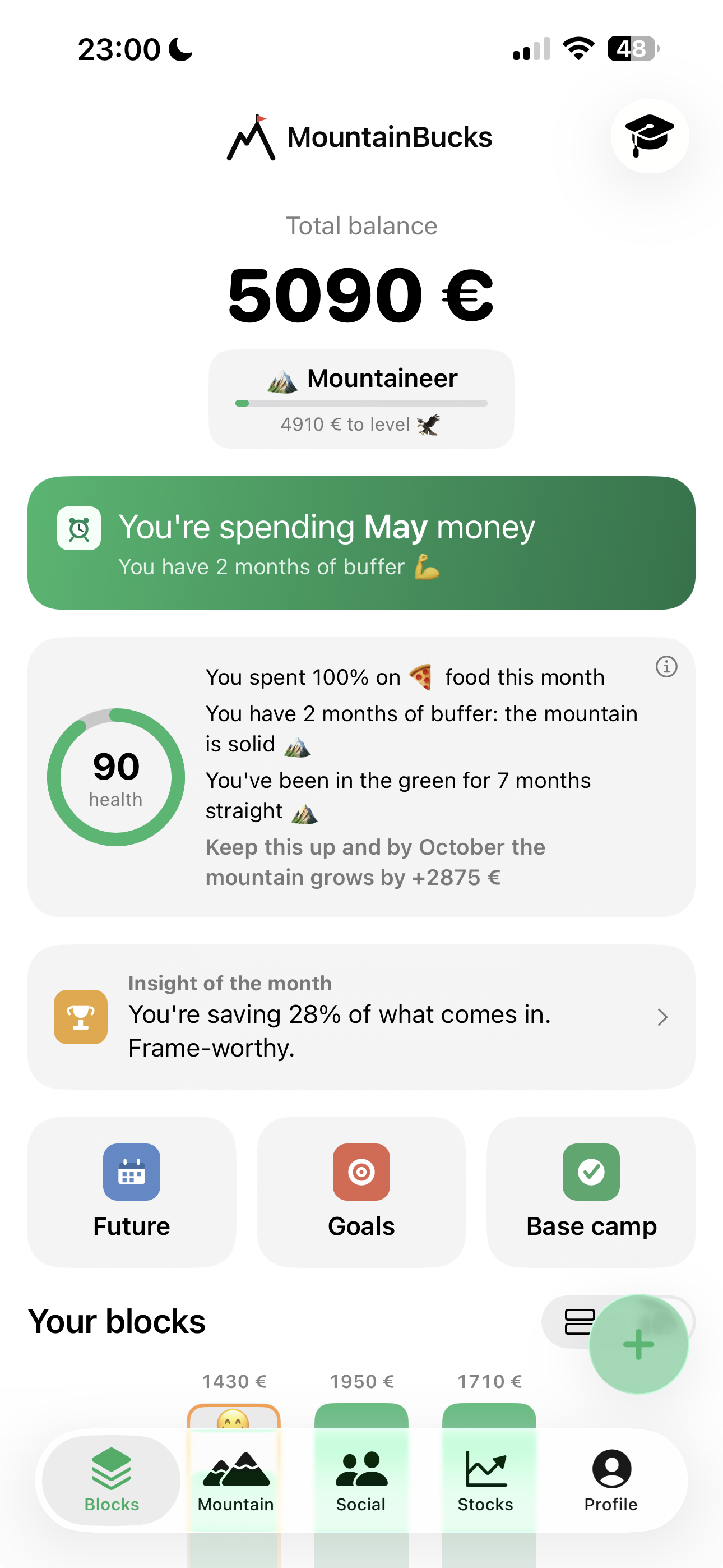 MountainBucks Blocks screen showing a total balance, monthly buffer and health score