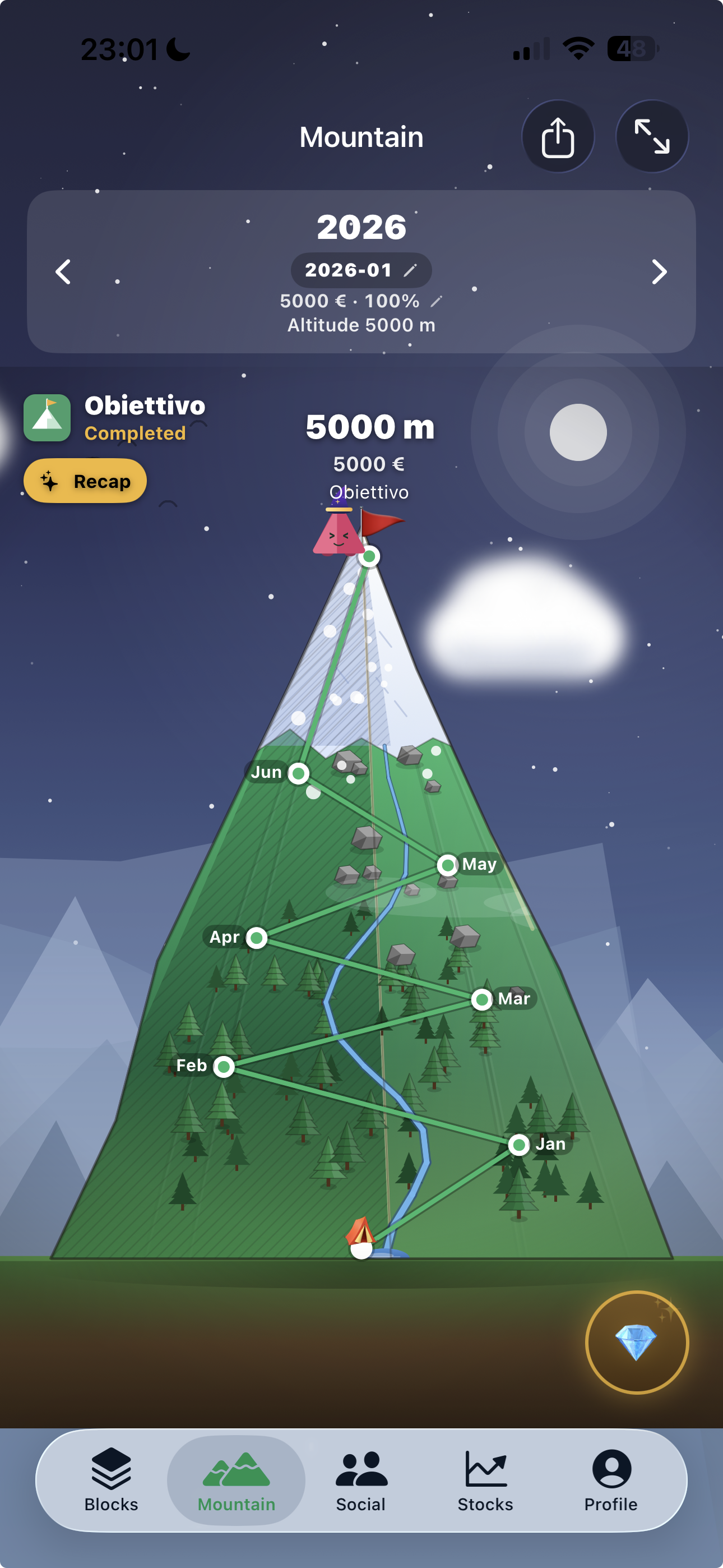 MountainBucks Mountain screen showing a completed goal and the yearly climbing path